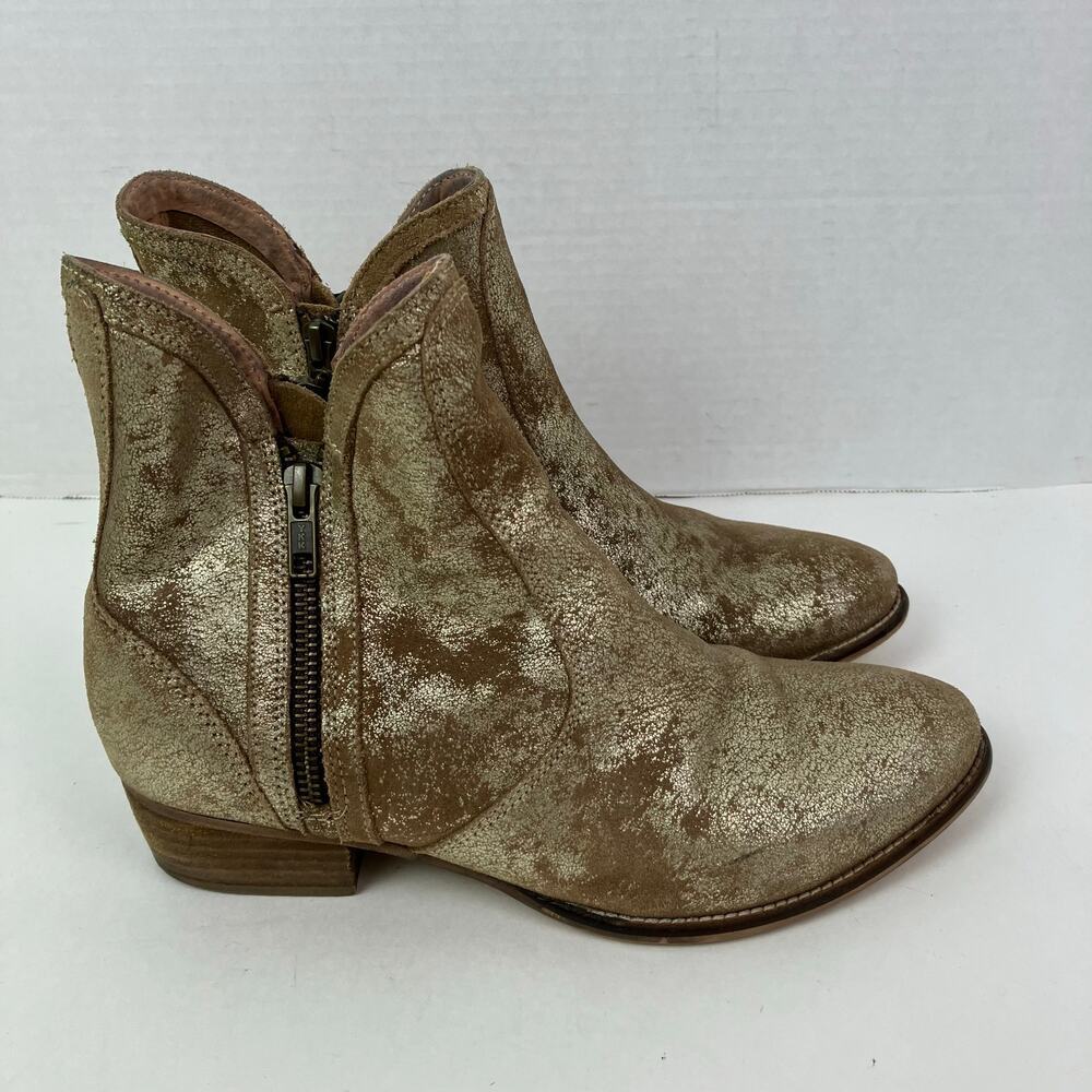 Anthropologie Seychelles Sz 8 Lucky Penny Ankle Booties Distressed Gold Leather - Picture 8 of 16